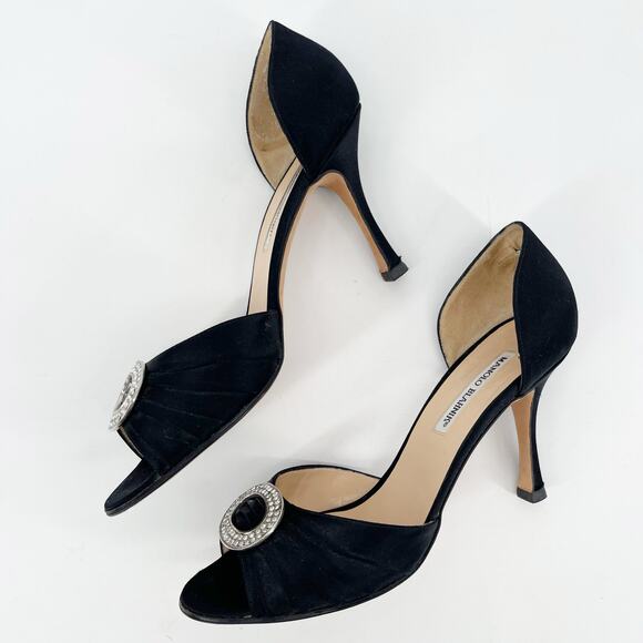 Manolo Blahnik Black Satin Sedaraby Crystal Detail D'Orsay Peep Toe Heels IT 40 - Picture 4 of 13